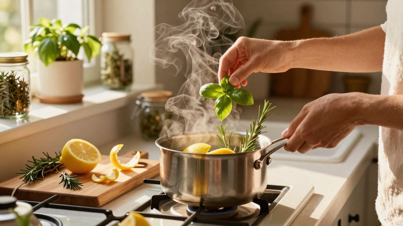 Mãos a adicionar manjericão a panela com limão e ervas aromáticas a ferver no fogão.