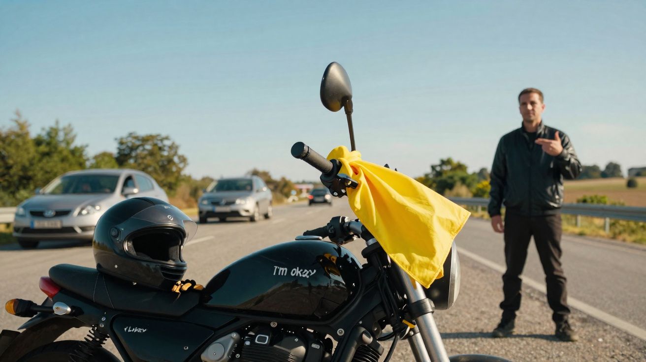 Motocicleta preta parada na berma da estrada com capacete e lenço amarelo, homem gesticulando ao fundo.
