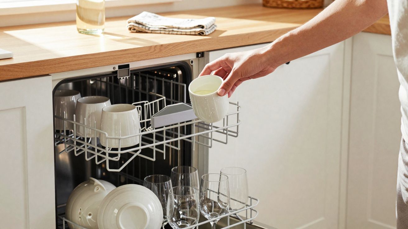 Pessoa a guardar copos brancos numa máquina de lavar louça na cozinha com bancada de madeira.