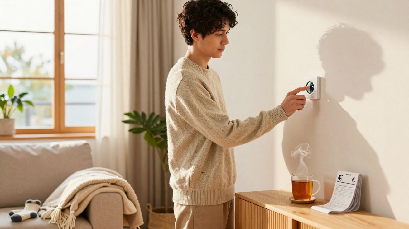 Jovem ajusta termóstato na parede de sala com chá quente e faturas sobre móvel de madeira.