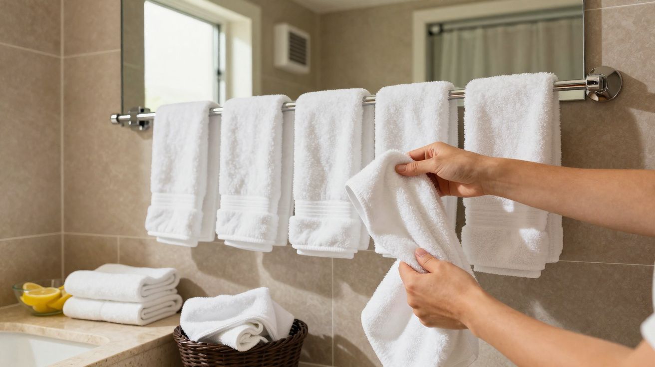 Mãos a segurar toalha branca num toalheiro de casa de banho com várias toalhas organizadas.