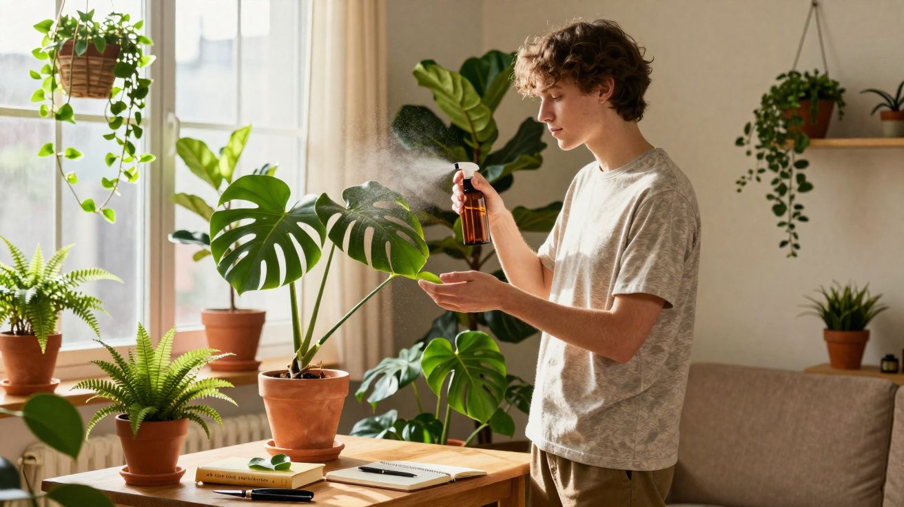 Jovem a pulverizar uma planta verde em vaso de barro numa sala luminosa com várias plantas.