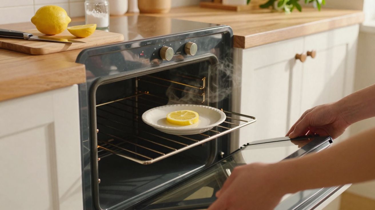 Mãos a abrir forno com prato e fatia de limão a libertar vapor numa cozinha moderna.