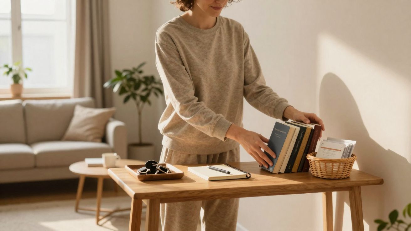 Pessoa organizada a arrumar livros numa mesa de madeira numa sala iluminada e acolhedora.