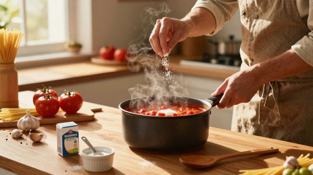 Pessoa a temperar molho de tomate a ferver numa panela numa cozinha iluminada.