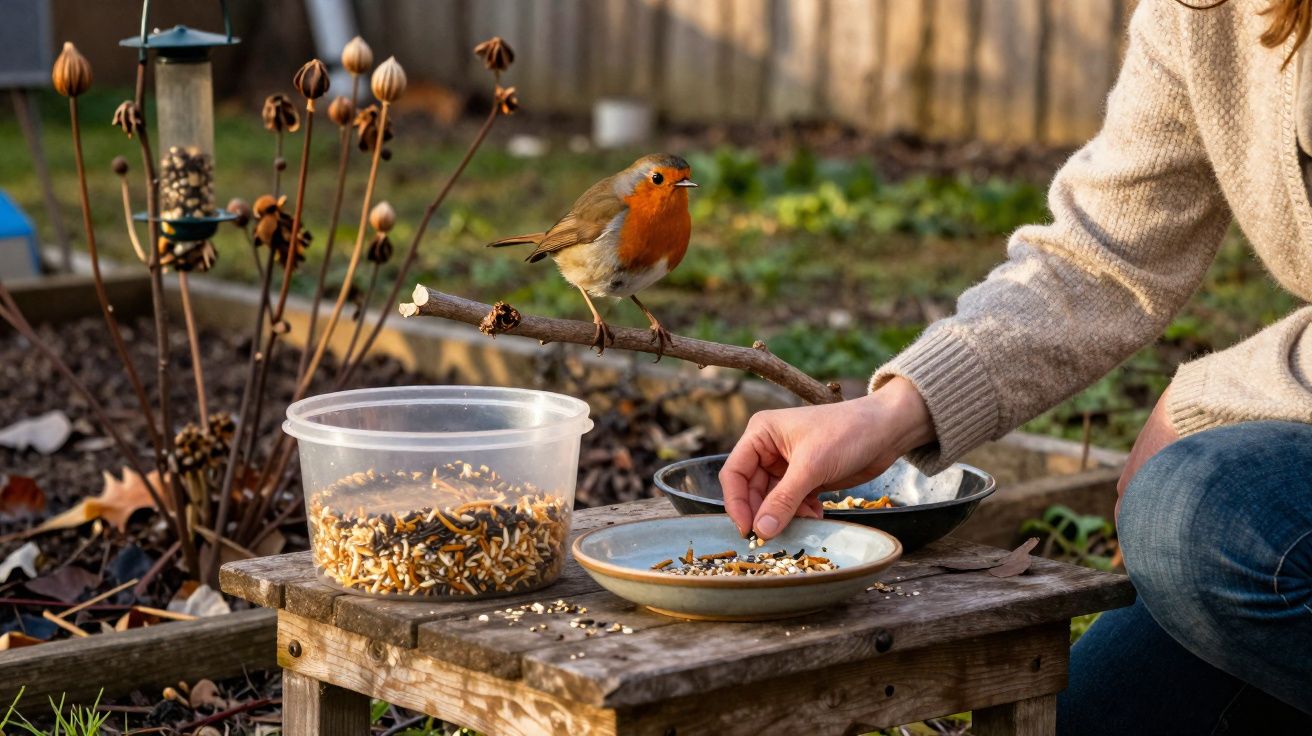 Pássaro com peito vermelho pousado num ramo enquanto pessoa alimenta com sementes num prato ao ar livre.
