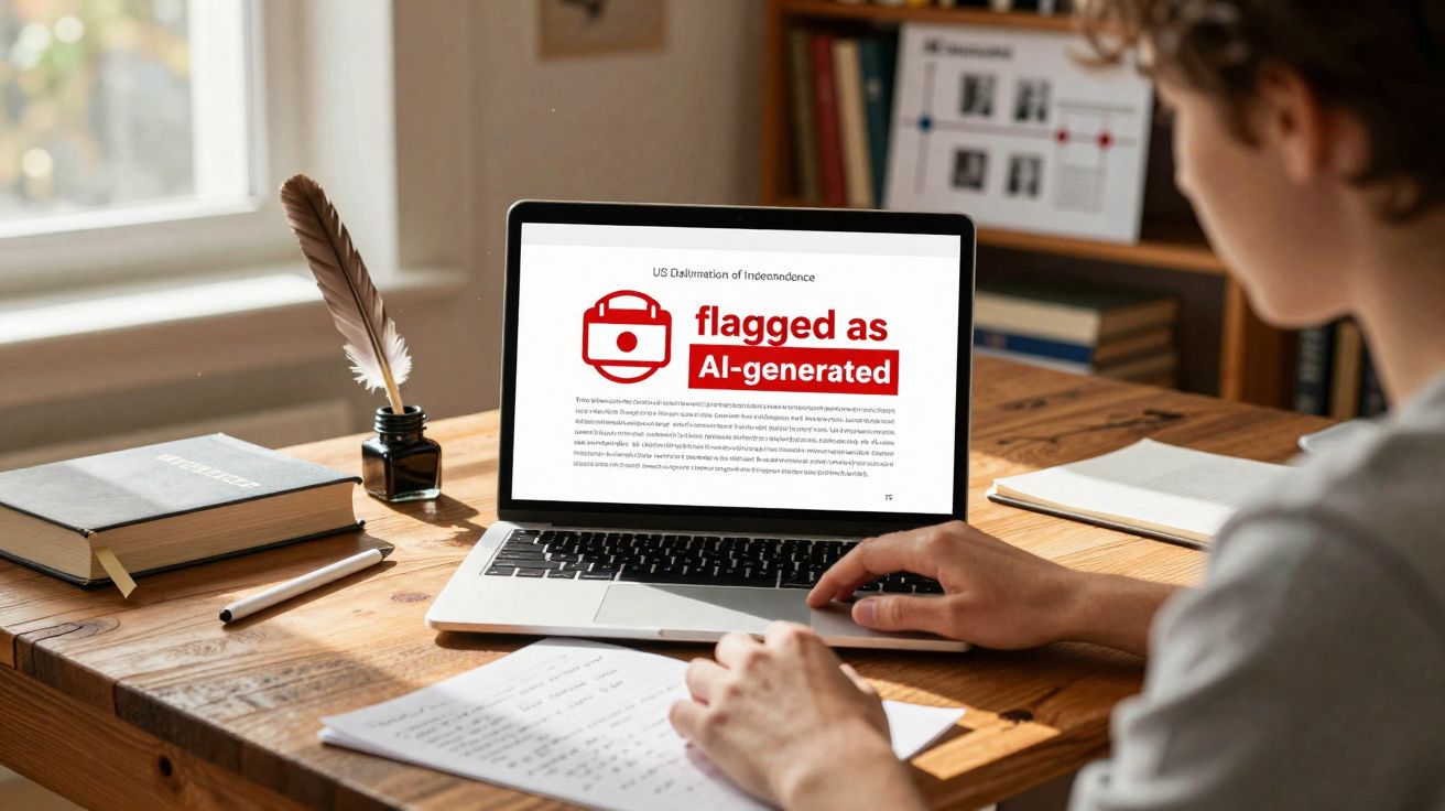 Pessoa a trabalhar num computador portátil com texto sobre IA no ecrã, sentado numa secretária de madeira.