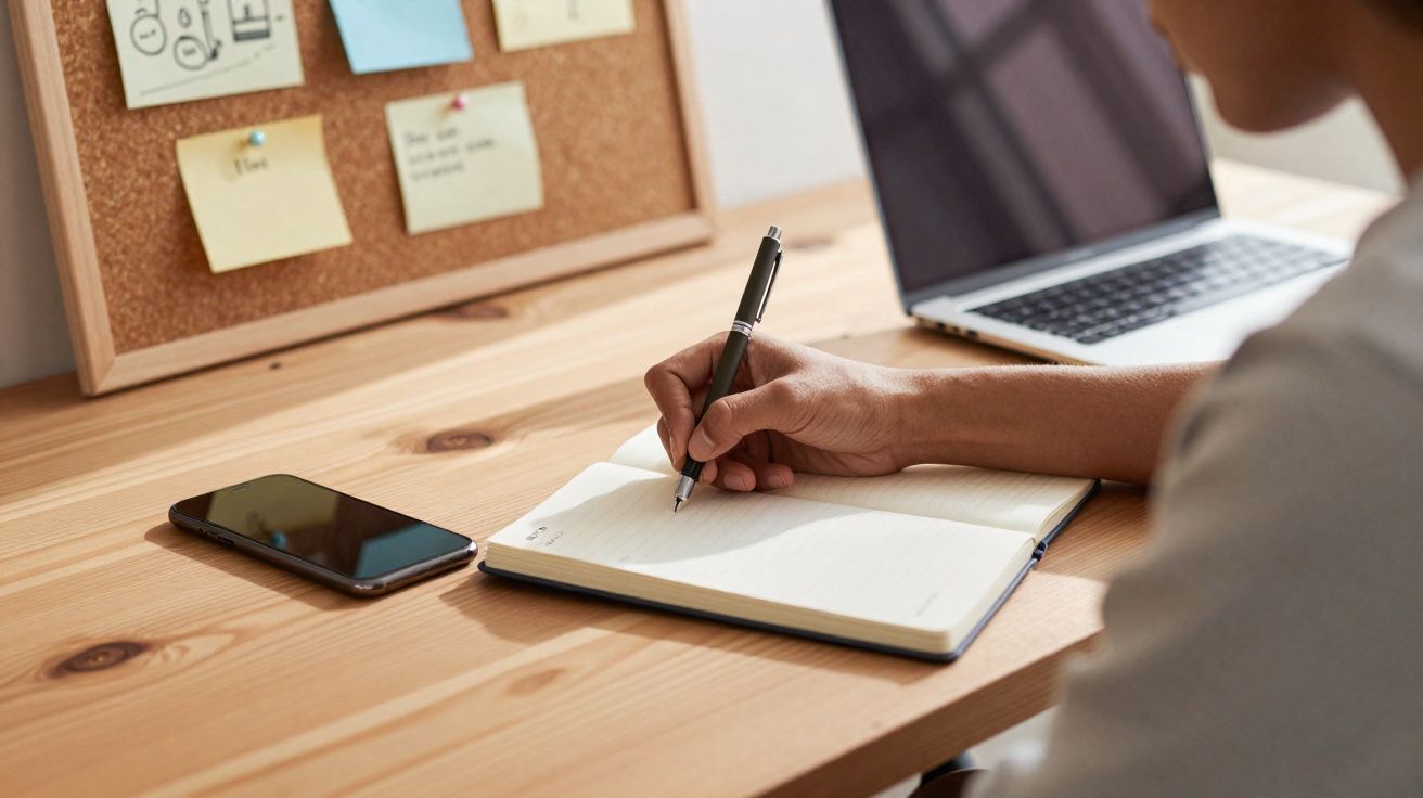 Pessoa escrevendo num caderno numa mesa com smartphone, computador portátil e quadro de avisos ao fundo.