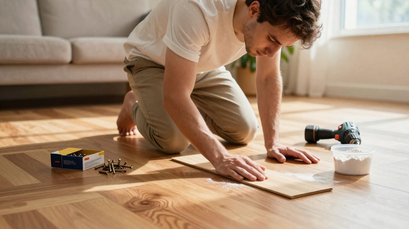 Homem ajoelhado a preparar piso de madeira para aplicar parafusos junto a uma janela iluminada.