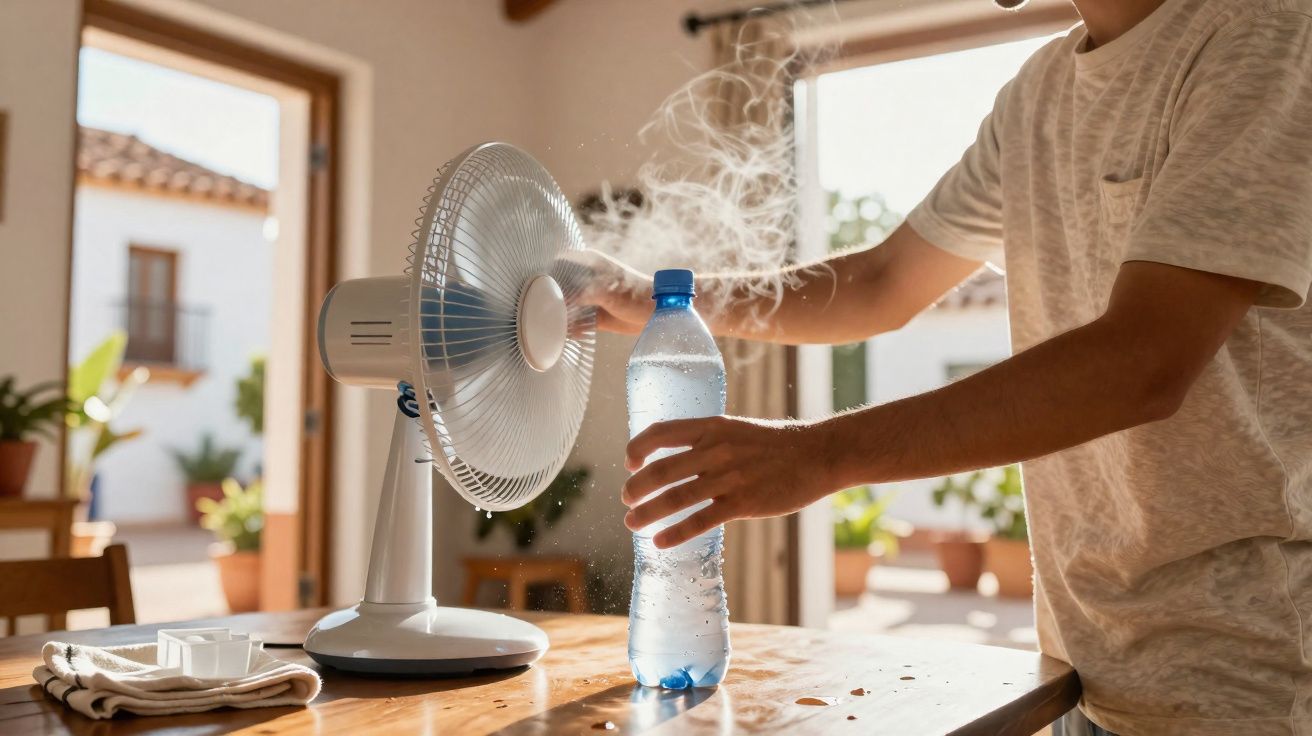 Pessoa a refrescar garrafa de água com névoa de ventilador numa mesa numa sala luminosa.