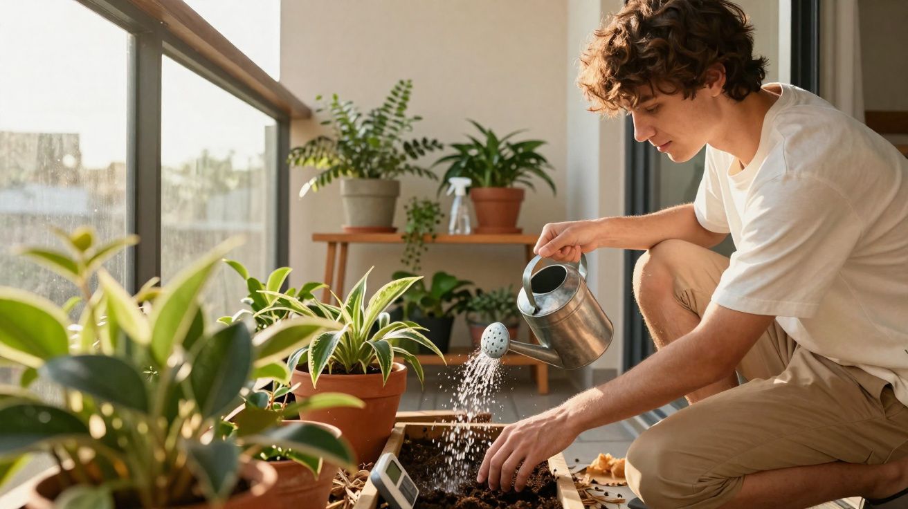 Pessoa a regar plantas em vasos numa varanda com luz natural e várias plantas verdes.