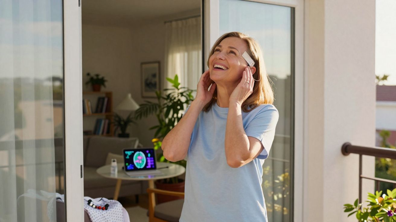 Mulher sorridente a usar aparelho auditivo no ouvido, numa varanda com luz natural.