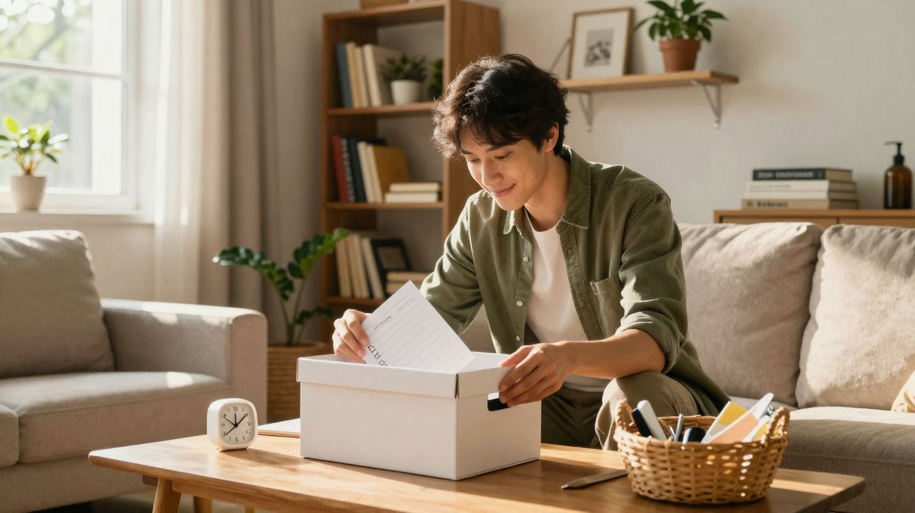 Pessoa sentada no sofá a organizar papéis numa caixa branca numa sala iluminada e acolhedora.
