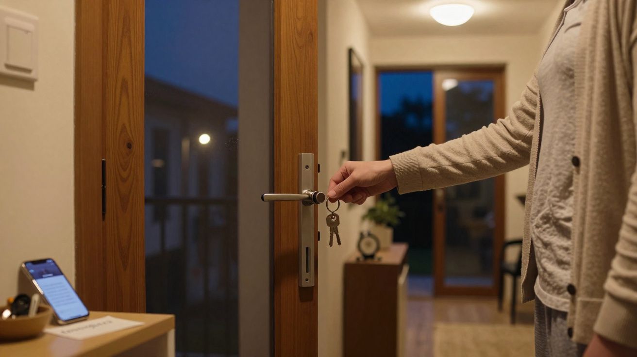 Pessoa a abrir porta de casa à noite com chave na mão, interior acolhedor e luz suave.