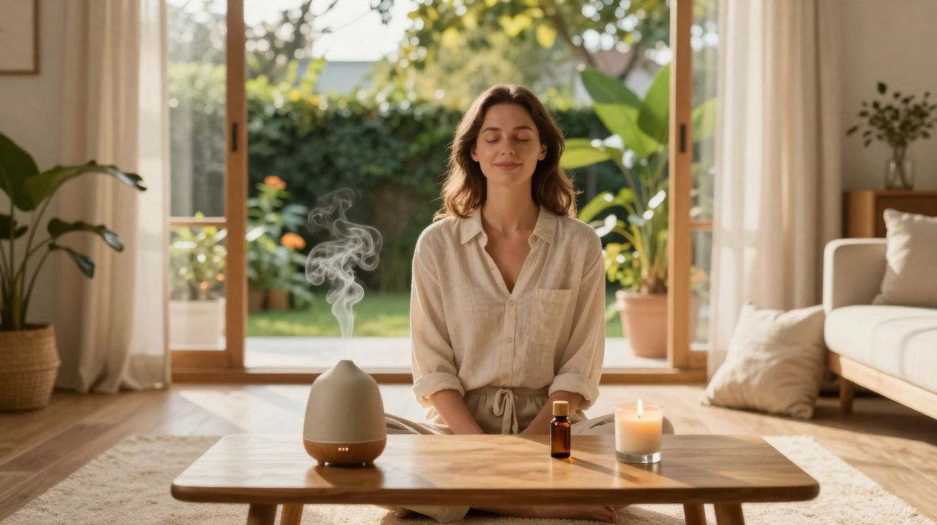 Mulher sentada no chão em meditação, com difusor, vela e frasco de óleo numa sala iluminada e acolhedora.