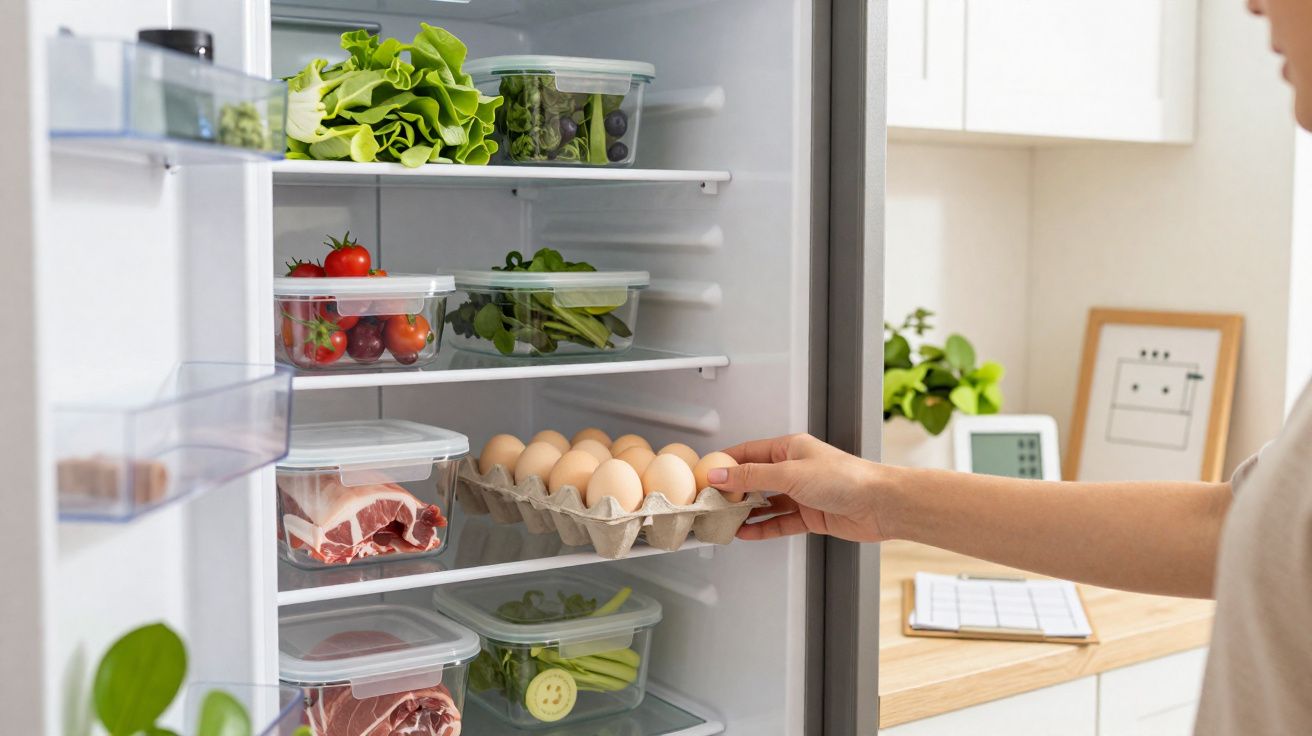 Frigorífico aberto com ovos, vegetais, carne e mãos a colocar uma embalagem de ovos no interior.