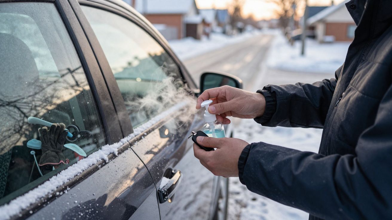 Pessoa a aplicar desinfetante nas mãos junto a carro com neve visível no tejadilho e vidro lateral.