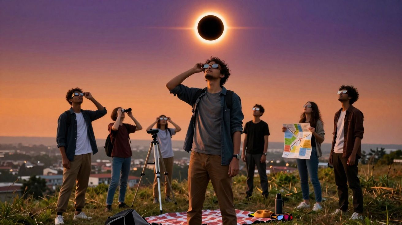 Grupo de pessoas a observar eclipse solar com óculos especiais ao pôr do sol num campo aberto.