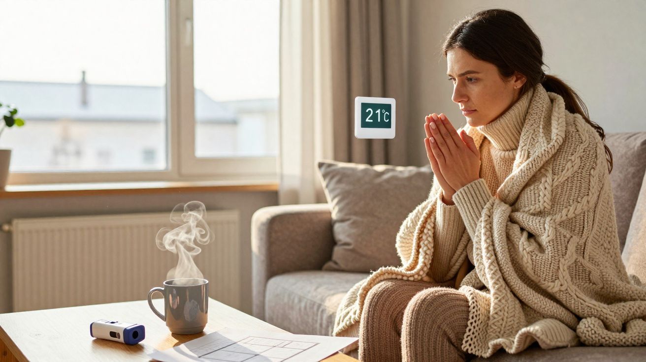 Mulher com manta sentada no sofá a aquecer as mãos junto a uma chávena de bebida quente, termóstato a 21°C.