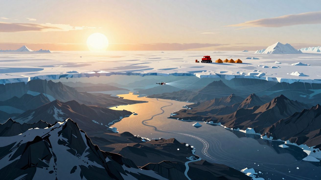 Paisagem ártica ao pôr do sol com montanhas, gelo flutuante e veículos numa base de pesquisa.