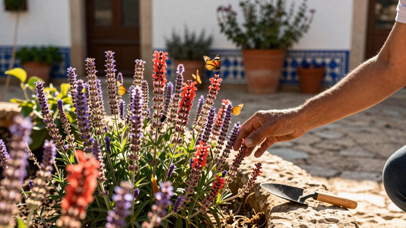 Mão masculina a tocar flores roxas e vermelhas num jardim com borboletas e uma espátula de jardinagem.