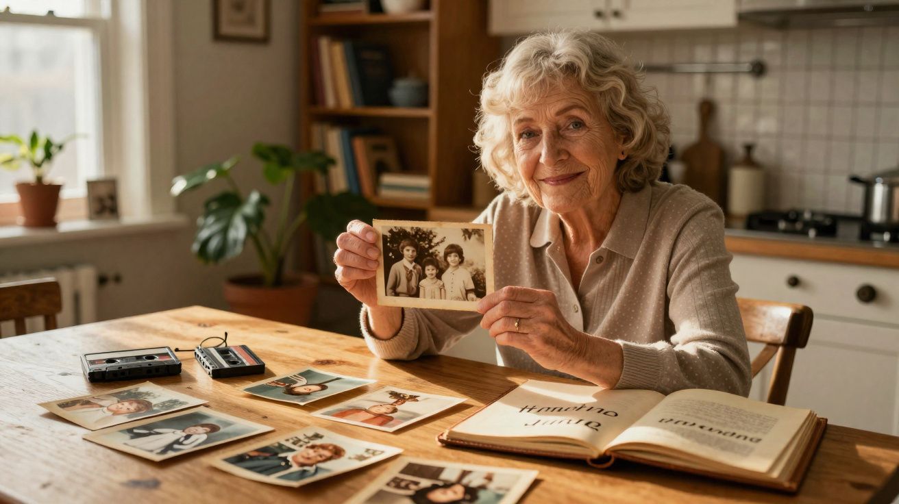 Mulher idosa sorridente a recordar fotografias antigas sentada à mesa numa cozinha iluminada.