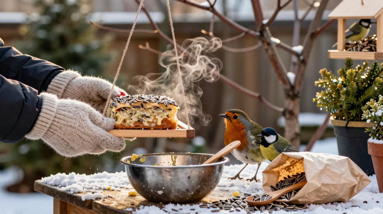 Mãos com luvas a colocar comedouro para pássaros com sementes, perto de dois pássaros a alimentar-se na neve.