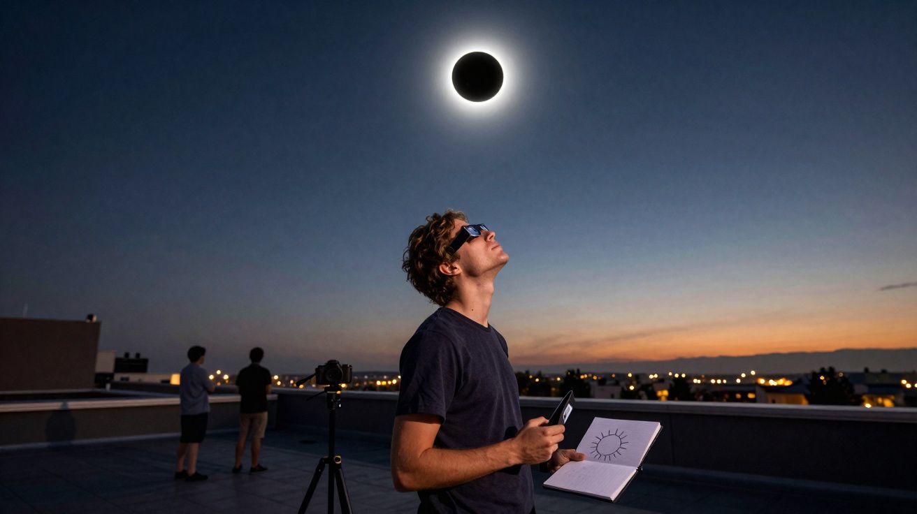 Homem observa eclipse solar com óculos especiais, segurando caderno com desenho do sol, ao pôr do sol.