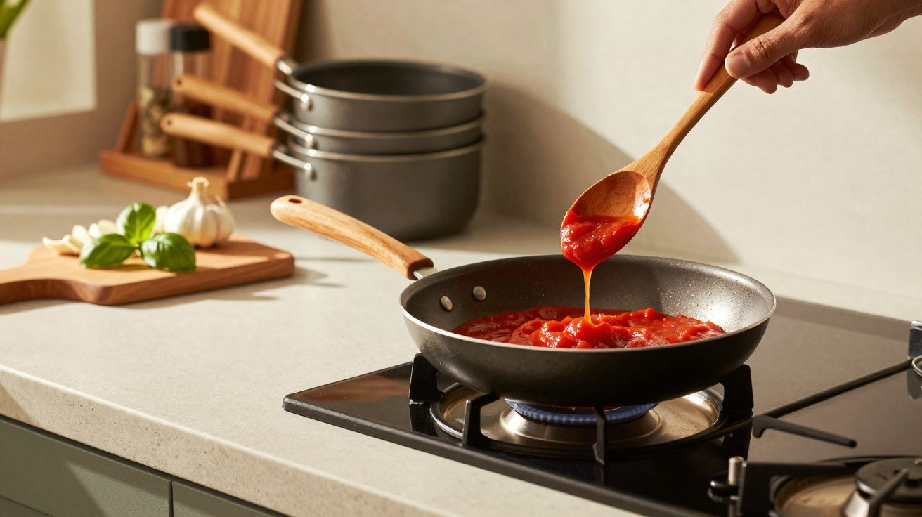 Frango a cozinhar molho de tomate numa frigideira com mão a mexer com colher de pau em fogão a gás.