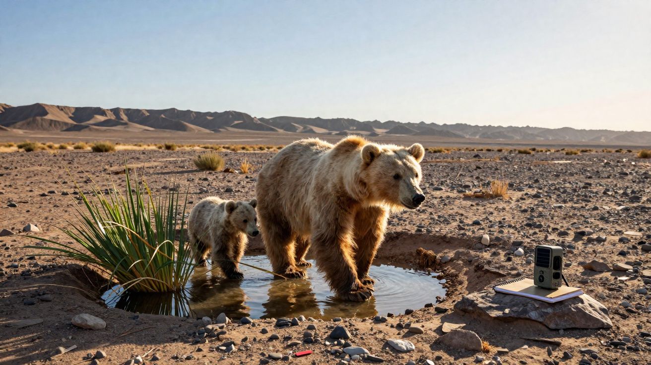 Ursa e filhote em poça de água no deserto rochoso, com montanhas ao fundo e equipamento de filmagem próximo.