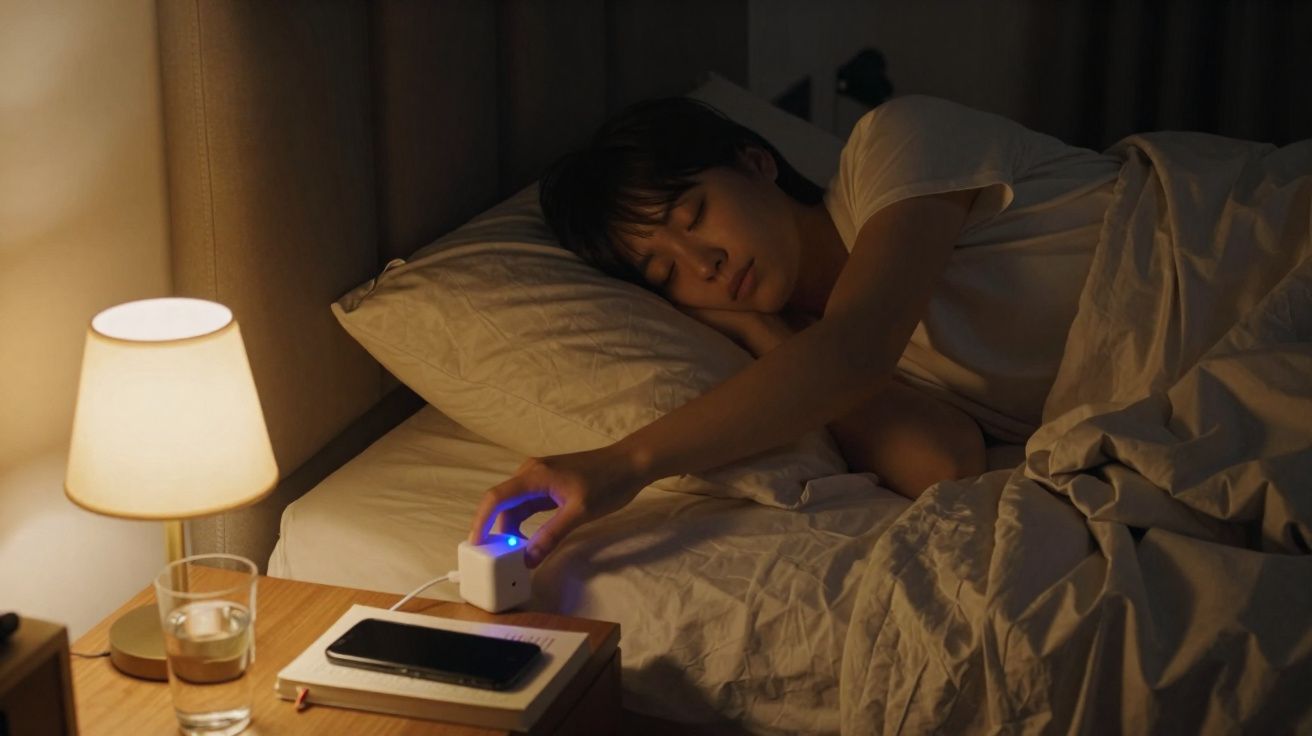 Pessoa deitada na cama a desligar despertador numa mesa de cabeceira com iluminação suave.