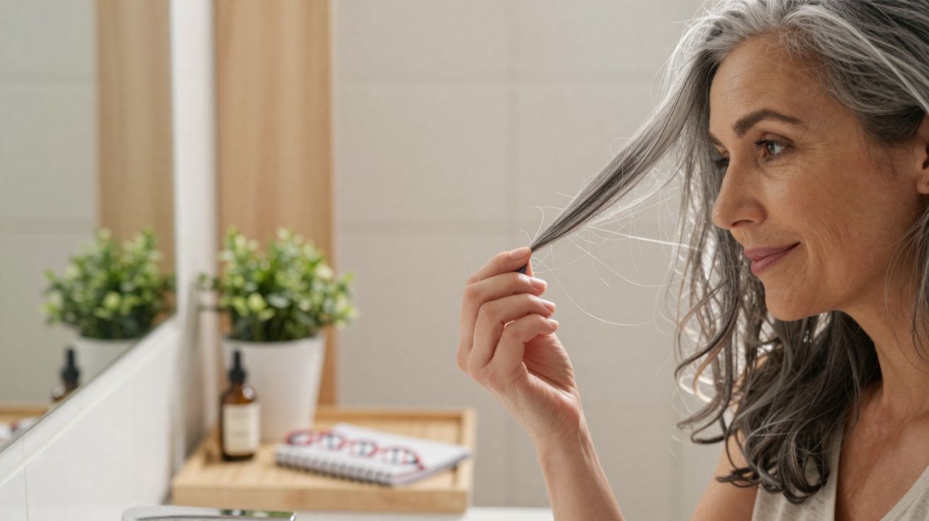Mulher de cabelo grisalho a olhar para o espelho, segurando um fio de cabelo no interior de uma casa.
