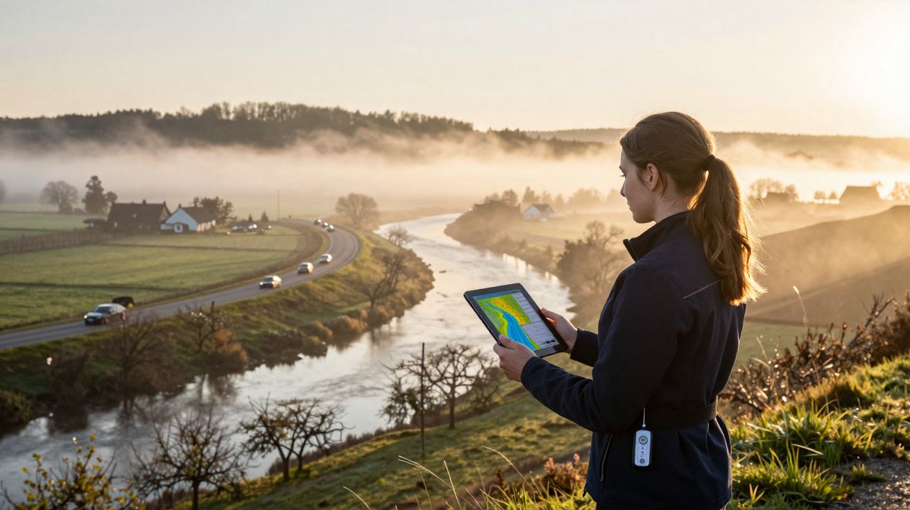 Mulher com tablet a analisar dados junto a rio com estrada e carros ao fundo ao amanhecer nevoento.