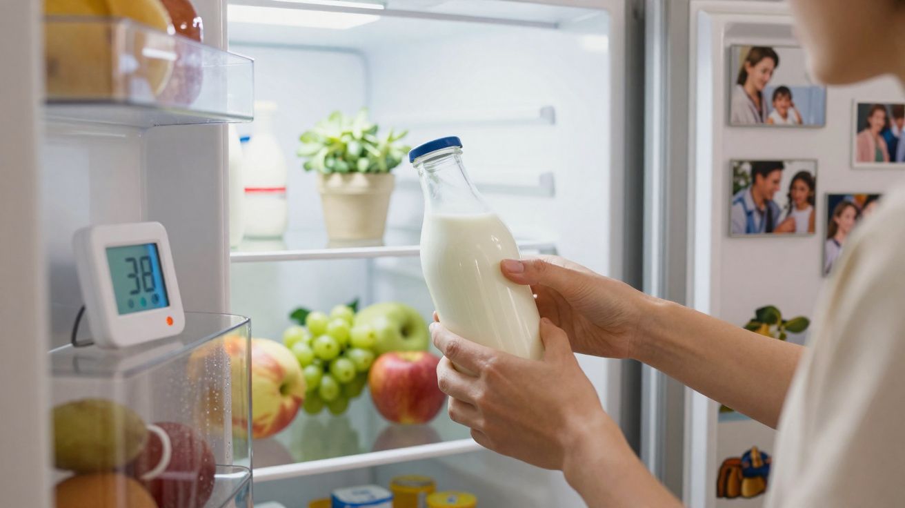Pessoa a segurar uma garrafa de leite dentro de um frigorífico aberto cheio de frutas e legumes.