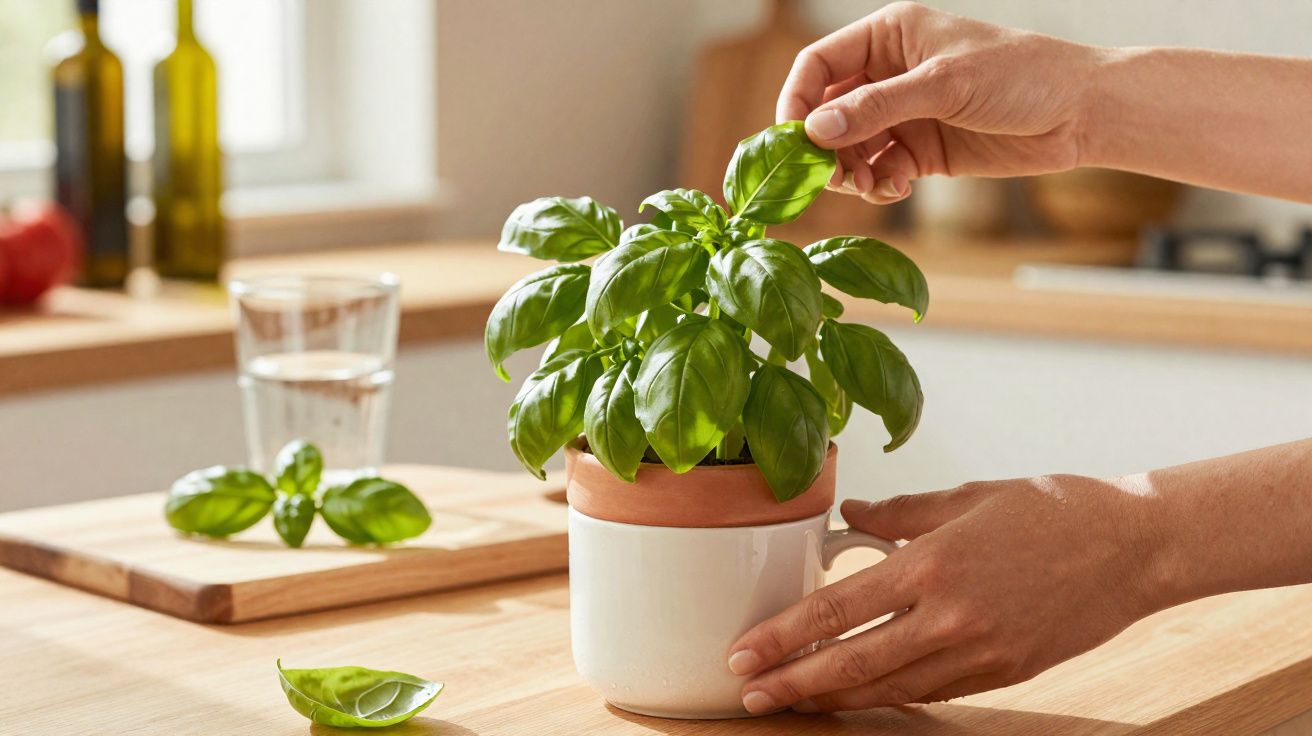 Mãos a colher folhas frescas de manjericão num vaso branco numa cozinha iluminada naturalmente.