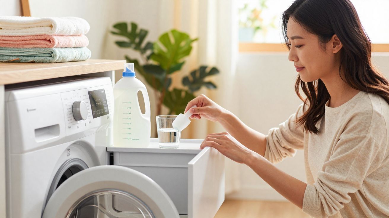 Mulher a colocar detergente líquido na máquina de lavar roupa branca num ambiente doméstico iluminado.