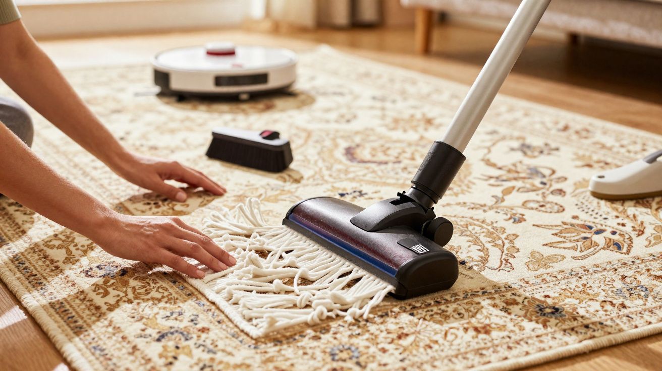 Pessoa a limpar tapete com aspirador escova no chão de madeira numa sala iluminada.