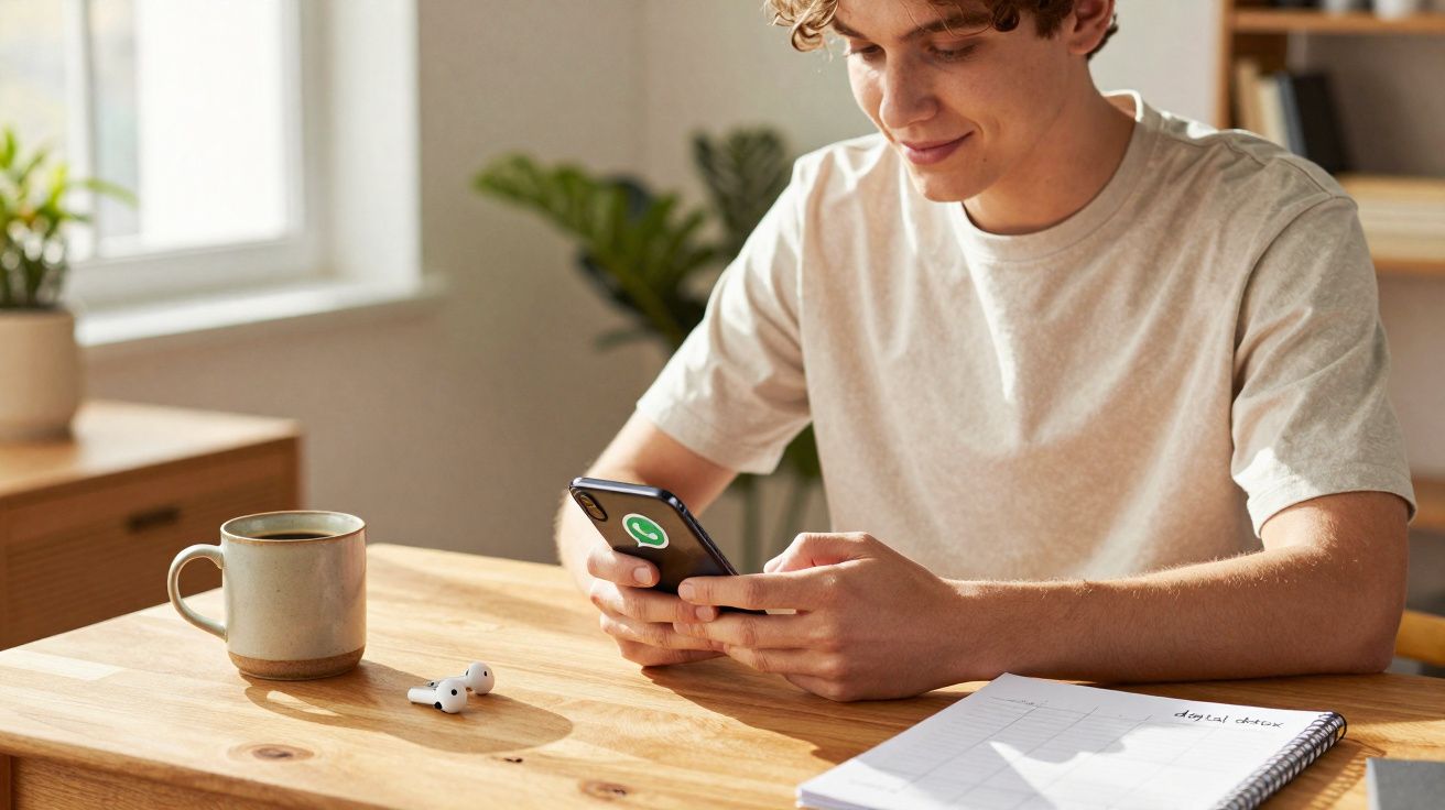 Jovem sentado à mesa a usar telemóvel com aplicação de mensagens aberta, com chávena e auriculares à frente.