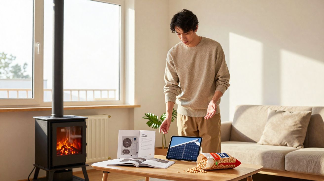 Homem junto a lareira acesa, com tablet e livros sobre energia solar numa sala luminosa.