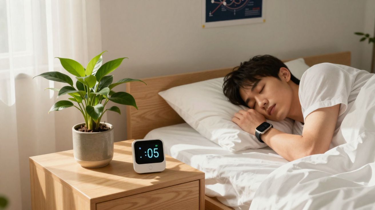 Homem a dormir na cama branca ao lado de mesa de cabeceira com planta e relógio digital.