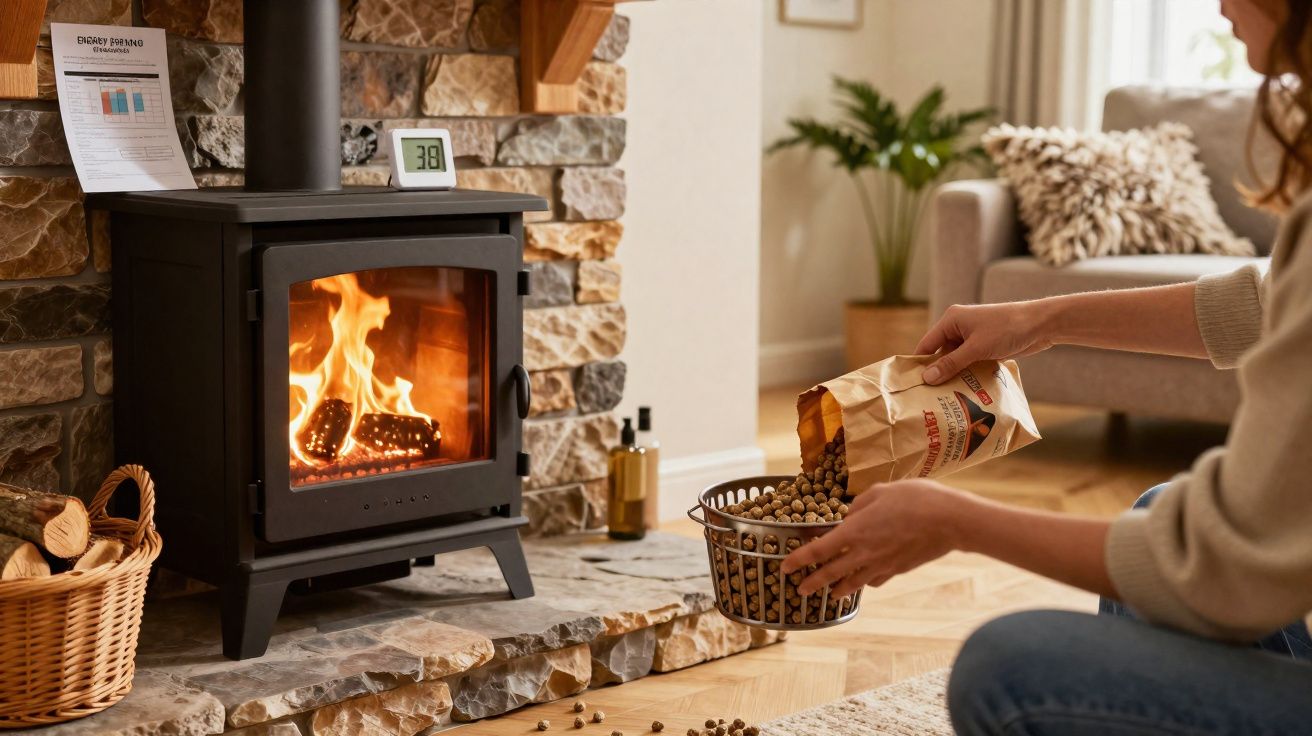 Pessoa a encher um cesto com bolinhas, junto a uma lareira acesa numa sala acolhedora e iluminada.