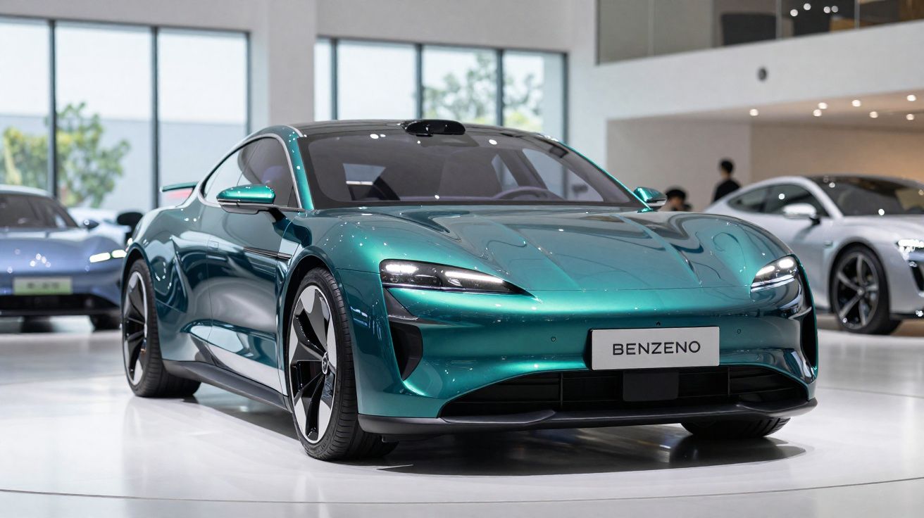 Carro desportivo elétrico verde metálico com design futurista exposto em salão automóvel.
