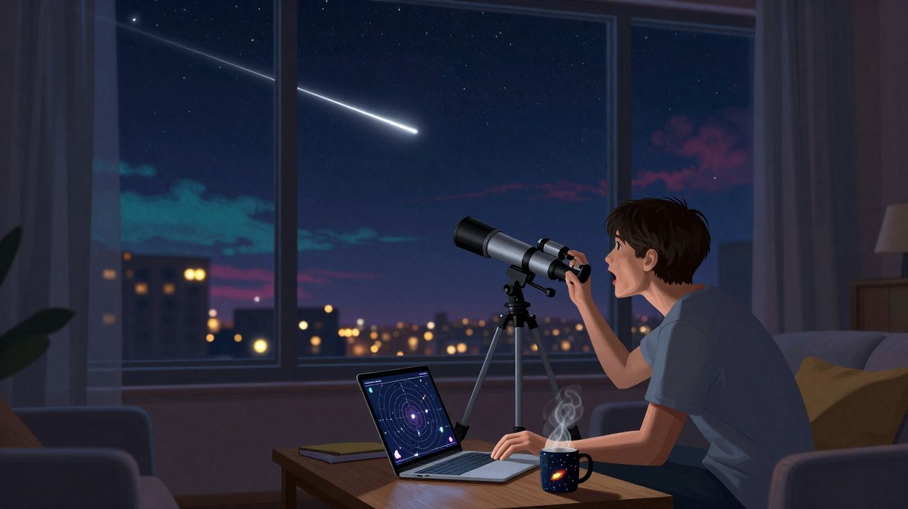 Jovem observa estrela cadente através de telescópio, sentado na sala com laptop e chá na mesa à noite.