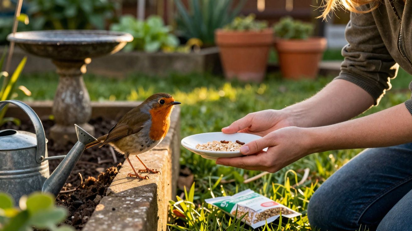 Pessoa oferece sementes num prato a um pardal numa horta ensolarada com regador e vasos ao fundo.