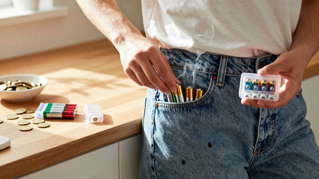Pessoa a colocar pilhas num bolso de jeans junto a uma bancada com moedas e pilhas diversas.