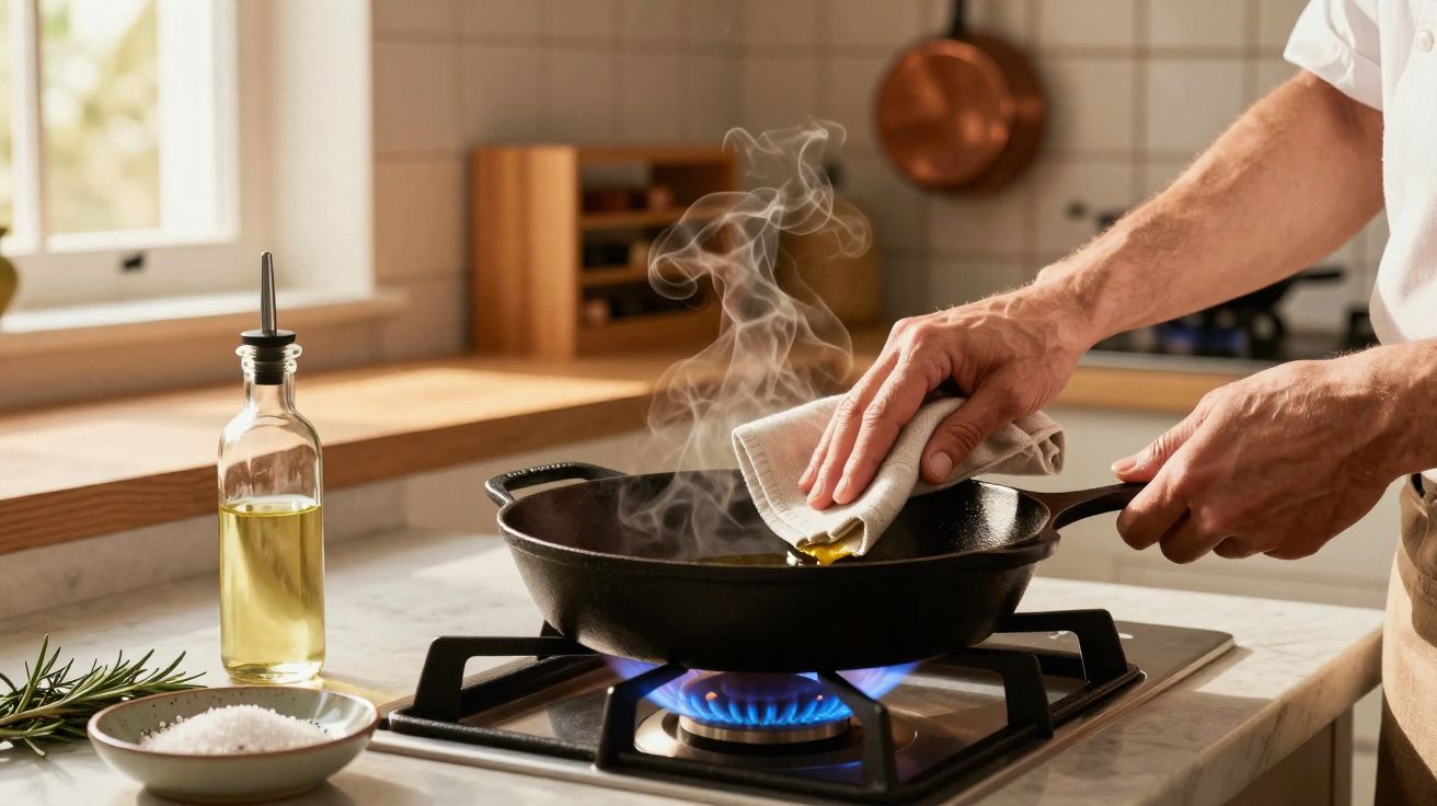 Mãos a aquecer azeite numa frigideira em ferro fundido sobre fogão a gás, com vapor a subir.
