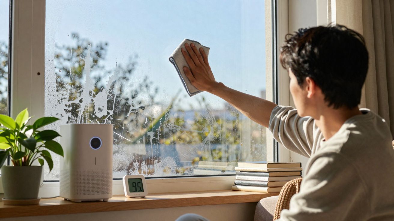 Pessoa a limpar uma janela com pano num ambiente iluminado, com plantas e dispositivos eletrónicos na sala.