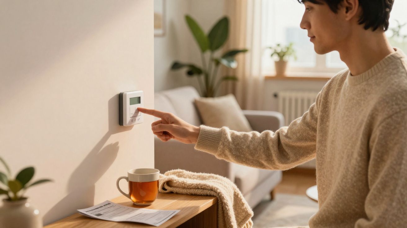 Pessoa a ajustar o termostato da casa numa sala iluminada com sofá e plantas ao fundo.