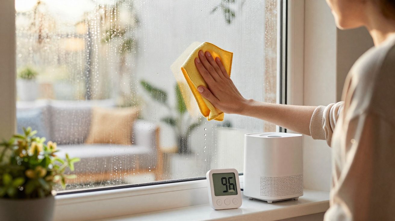 Pessoa a limpar janela com um pano amarelo, ao lado de um medidor digital e uma planta em ambiente interior.