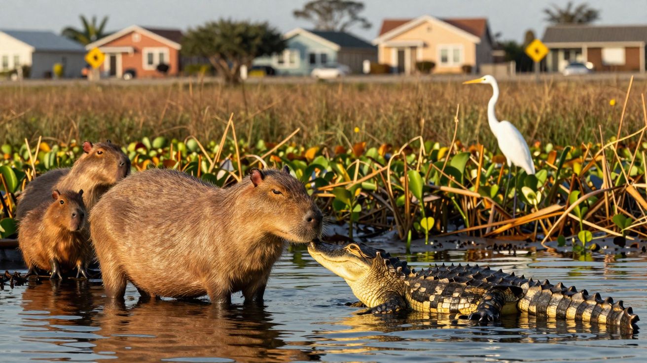 Capivaras e um jacaré na água com uma garça branca e casas ao fundo num ambiente natural.